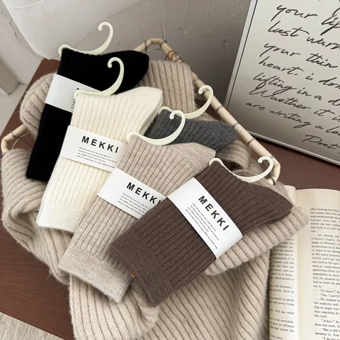 Calcetines de Lana Engrosados para Mujer Calcetines Térmicos de Canalé Invierno Media Caña Color Sólido Cálidos Casuales