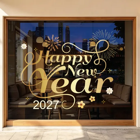 2026 Happy New Year Fensteraufkleber Weihnachten Statische Haftung Golden Doppelseitig PVC Abnehmbar Glas Shop Heim