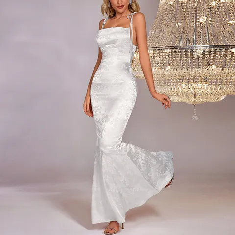Abito Lungo Sexy da Donna in Raso Jacquard con Schiena Scoperta Spalline da Annodare a Sirena Abito da Sera Bodycon Festa di Banchetto