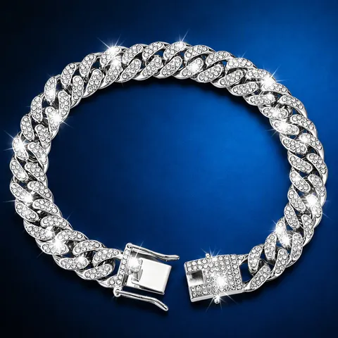 Hip Hop Alloy Iced Out Rhinestone Pet Collar Wide Cuban Link Chain Necklace For Large Medium Small Dogs Cats Jewelry