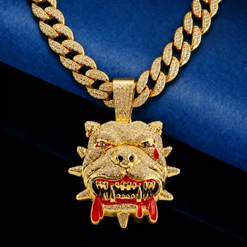 Hip Hop Iced Out Bulldog Pendant Necklace Zinc Alloy Rhinestone Animal Pendant Gold Silver Plated Chain For Men Streetwear