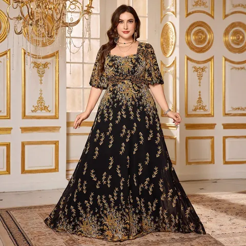 Plus Size Damen Elegant Chiffon Maxi Kleid Eckiger Ausschnitt Puffärmel Vintage Botanisch Floral Schwarz Gold Abendkleid