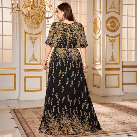 Plus Size Damen Elegant Chiffon Maxi Kleid Eckiger Ausschnitt Puffärmel Vintage Botanisch Floral Schwarz Gold Abendkleid