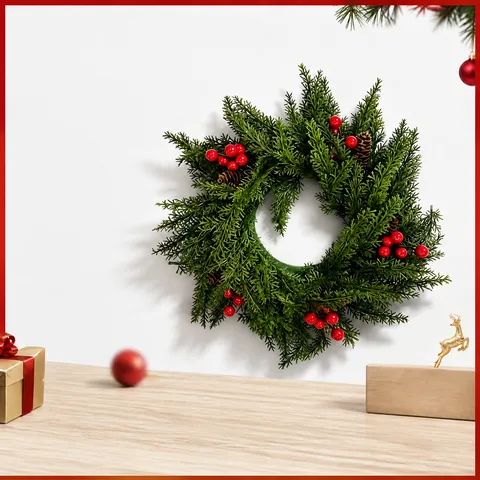 Christmas Artificial Wreath With Red Berries And Pine Cones Decorative Xmas Door Wall Hanging Window Prop Holiday Home Decor