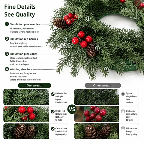 Christmas Artificial Wreath With Red Berries And Pine Cones Decorative Xmas Door Wall Hanging Window Prop Holiday Home Decor