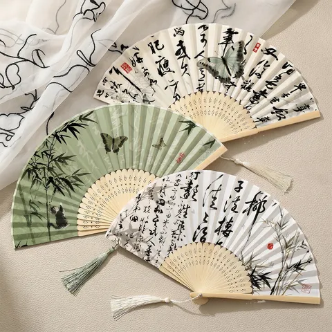 Vintage Chinese Style Bamboo Folding Fan Silk Fabric Handheld Fan With Tassel Floral Ink Bamboo Pattern Hand Fan For Summer Cooling Wedding Party Props