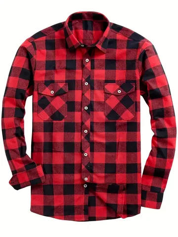 Camicia da Uomo Moda Casual in Flanella a Scacchi Manica Lunga con Bottoni e Tasche Fantasia Buffalo Check per Quattro Stagioni