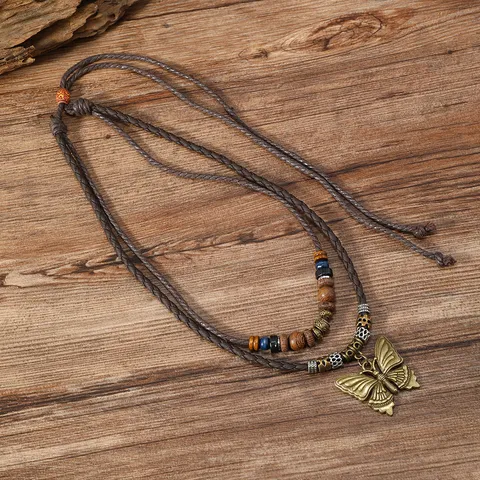 Vintage Bohemian Multi-Layer Beaded Necklace For Men Women Alloy Leather Cord Turquoise Wood Bead Feather Pendant Ethnic Jewelry