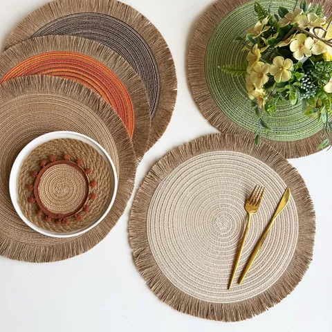 Vintage Round Jute Tassel Woven Placemat Heat Resistant Polyester Table Mat For Home Kitchen Dining Room Boho Decor