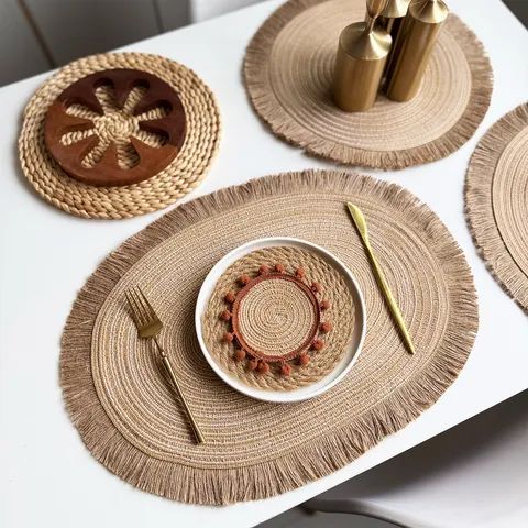 Vintage Round Jute Tassel Woven Placemat Heat Resistant Polyester Table Mat For Home Kitchen Dining Room Boho Decor