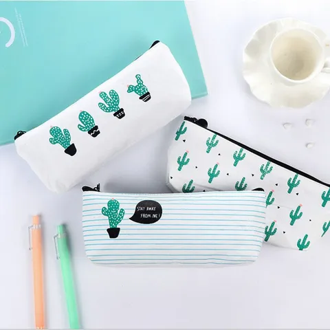 Estuche de Lona con Cactus Estilo Coreano Bolsa de Papelería Linda Gran Capacidad Caja de Lápices con Cremallera para Escuela Oficina Estudiantes