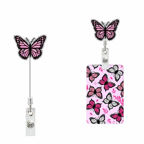 Carrete de Insignia Retráctil de Mariposa Con Porta Tarjetas de Identidad Impresión UV Clip Colorido de Purpurina para Enfermera Oficina