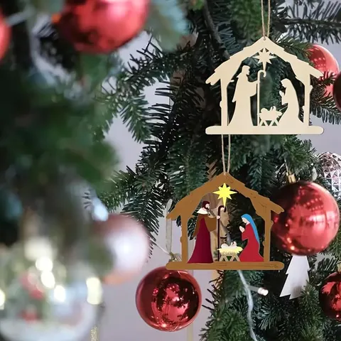 Décoration de Suspension de Porte de Noël en Bois non Fini Forme Nativité Pendentif en Bois Découpé au Laser DIY Avec Cordes