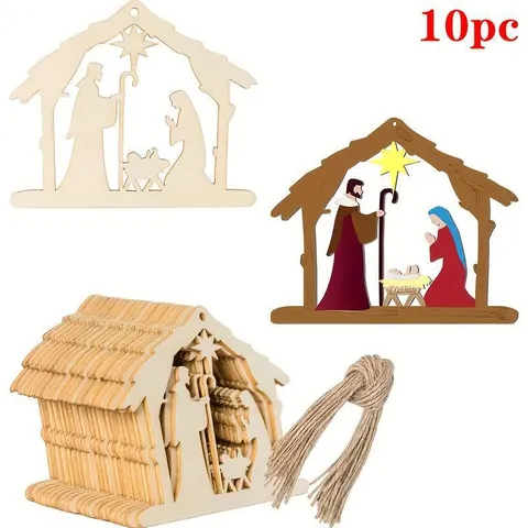 Décoration de Suspension de Porte de Noël en Bois non Fini Forme Nativité Pendentif en Bois Découpé au Laser DIY Avec Cordes