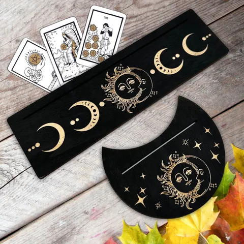 Support de Carte de Tarot en Bois Noir Tilleul Gravé Phases de la Lune Soleil Étoile Porte-Cristal Pour Accessoires d'Autel Sorcellerie Décoration