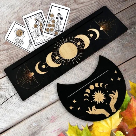 Support de Carte de Tarot en Bois Noir Tilleul Gravé Phases de la Lune Soleil Étoile Porte-Cristal Pour Accessoires d'Autel Sorcellerie Décoration