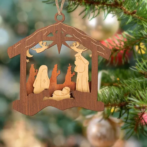 Wooden Nativity Scene Christmas Hanging Ornament Laser Cut Multi Layer Bethlehem Star Mary Joseph Jesus Religious Keepsake Wood Decoration