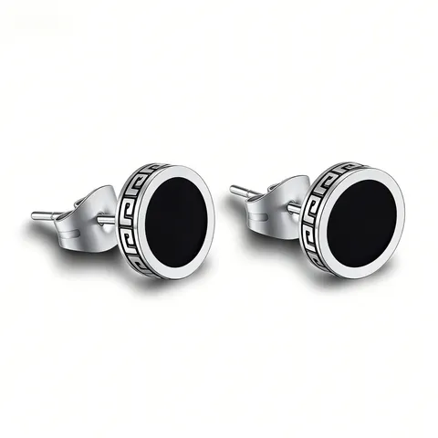 Pendiente de Botón Redondo de Acero Inoxidable Vintage Patrón de Greca Incrustación de Esmalte Negro Joyería de Estilo Étnico Retro Para Hombre Mujer