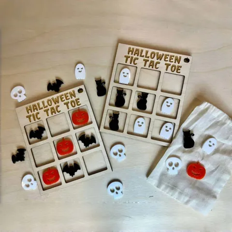 Jeu de Morpion en Bois d'Halloween Avec Pièces 3D Fantôme et Citrouille Décoration de Table Festive Cadeau de Fête