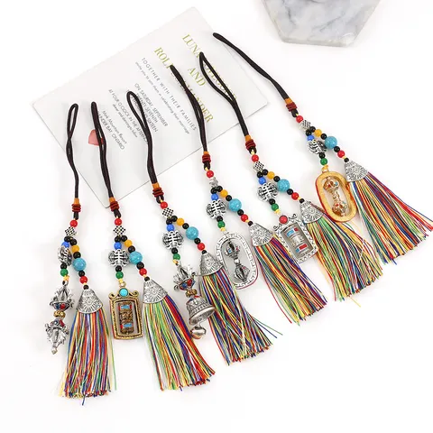Tibetan Style Vajra Pestle Six-Syllable Mantra Prayer Wheel Ornament Alloy Ethnic Tassel Pendant For Car Bag Decoration Ethnic Gift