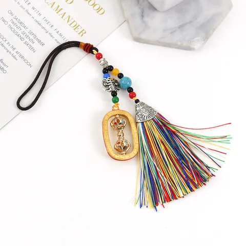 Tibetan Style Vajra Pestle Six-Syllable Mantra Prayer Wheel Ornament Alloy Ethnic Tassel Pendant For Car Bag Decoration Ethnic Gift
