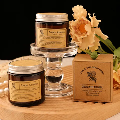 Retro Aroma Sensation Scented Soy Wax Candle Amber Glass Jar Natural Essential Oil Aromatherapy Candle Silver Lid Home Decor Gift