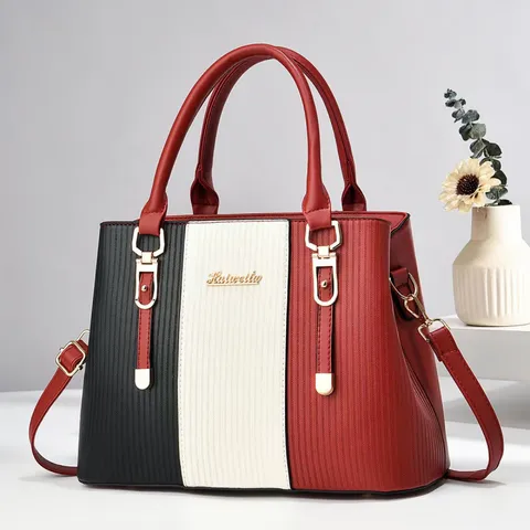 Bolso Tote de Moda para Mujer con Bloques de Color Gran Capacidad de Cuero PU con Puntadas Bolso de Hombro Cruzado para Madre Casual