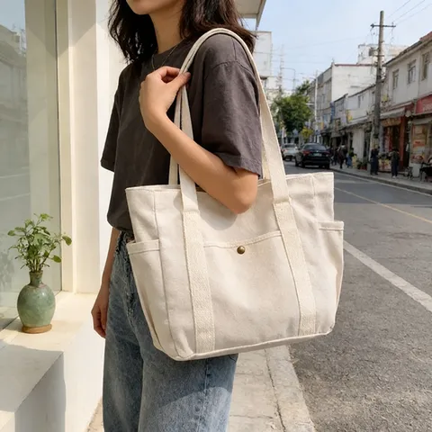 Large Capacity Canvas Tote Bag For Women Minimalist Multi Pocket Handbag For Commute Student School Bag Artistic Daily Shoulder Bag
