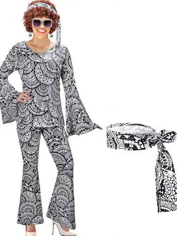 Women's 70s Retro Disco Costume Top And Bottom Set Mercerized Gold Stamping Flared Sleeves Pants Party Cosplay Apparel
