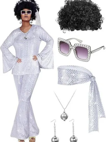 Women's 70s Retro Disco Costume Top And Bottom Set Mercerized Gold Stamping Flared Sleeves Pants Party Cosplay Apparel