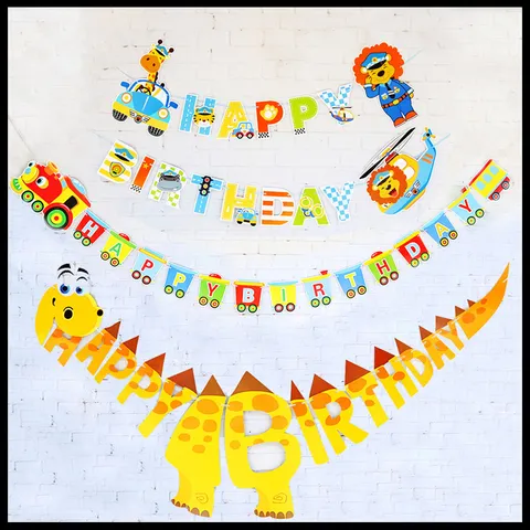 Pancarta de Papel de Feliz Cumpleaños con Dibujos Animados de Trenes Dinosaurios y Policías Decoración de Fiesta de Cumpleaños para Niños Guirnalda
