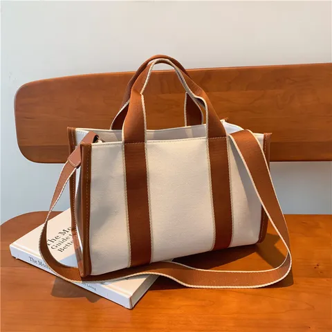 Dames Koreaanse Mode Canvas Tote Bag Grote Capaciteit Casual Woon-werkverkeer Schoudertas Crossbody Tas Contrastkleur Handtas