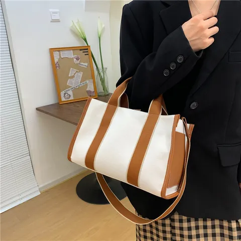 Dames Koreaanse Mode Canvas Tote Bag Grote Capaciteit Casual Woon-werkverkeer Schoudertas Crossbody Tas Contrastkleur Handtas