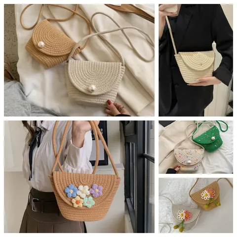 Bolso Bandolera Tejido de Moda de Verano para Mujer Pequeña Solapa de Perlas Cuerda de Algodón Bolso de Paja Decorativo Floral