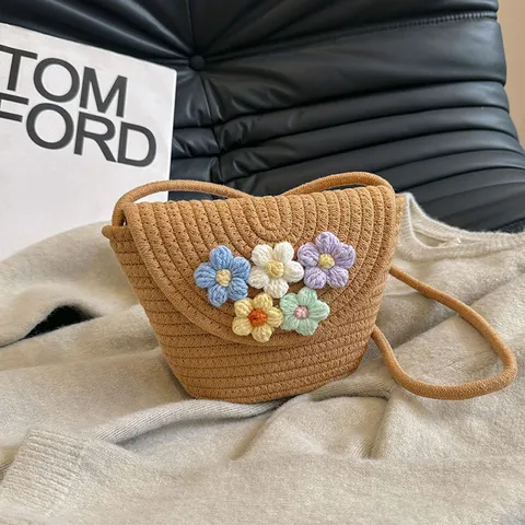 Bolso Bandolera Tejido de Moda de Verano para Mujer Pequeña Solapa de Perlas Cuerda de Algodón Bolso de Paja Decorativo Floral