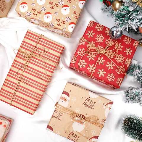 Umweltfreundliches Retro Kraft Weihnachtsgeschenkpapier Rolle Bedruckt Weihnachtsmann Schneeflocke Muster Für Feiertags-Party DIY Dekoration