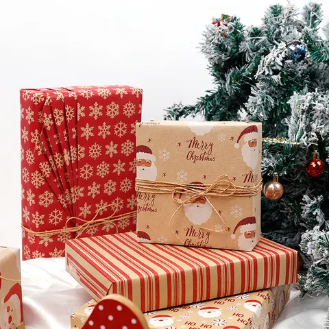 Umweltfreundliches Retro Kraft Weihnachtsgeschenkpapier Rolle Bedruckt Weihnachtsmann Schneeflocke Muster Für Feiertags-Party DIY Dekoration