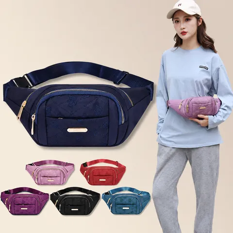 Sac Banane en Nylon Brodé pour Femme Motif Floral Sac Bandoulière Sport de Plein Air Course Sangle Réglable Sac à Épaule