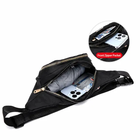 Sac Banane en Nylon Brodé pour Femme Motif Floral Sac Bandoulière Sport de Plein Air Course Sangle Réglable Sac à Épaule
