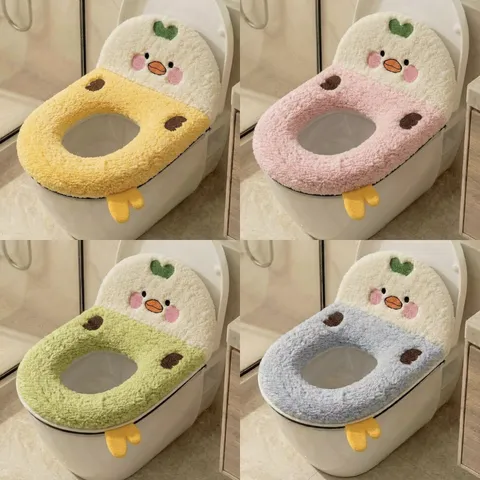 Winter Plush Cartoon Toilet Seat Cover Thick Warm Washable Embroidery Soft Toilet Lid Cover With Handle For Home Bathroom