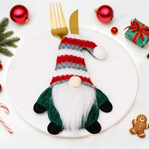 Kerstmis Gezichtsloze Kabouter Bestekhouder Schattige Rudolf Gestreepte Hoed Eettafel Decor Servies Zak Voor Feest Restaurant