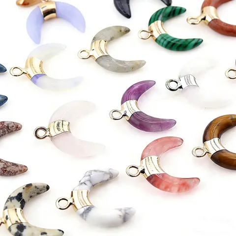Natuursteen Halve Maan Hangers Legering Verguld Kristal Amethist Rozenkwarts Maan Charms Voor DIY Ketting Oorbellen Sieraden Maken