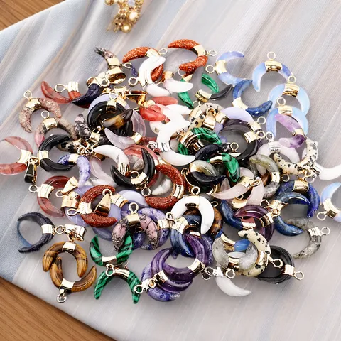 Natuursteen Halve Maan Hangers Legering Verguld Kristal Amethist Rozenkwarts Maan Charms Voor DIY Ketting Oorbellen Sieraden Maken
