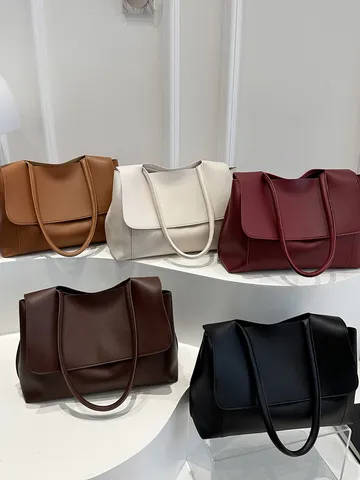 Minimalist PU Leather Tote Bag For Women Large Capacity Commuter Shoulder Bag With Flip Cover Solid Color Daily Handbag