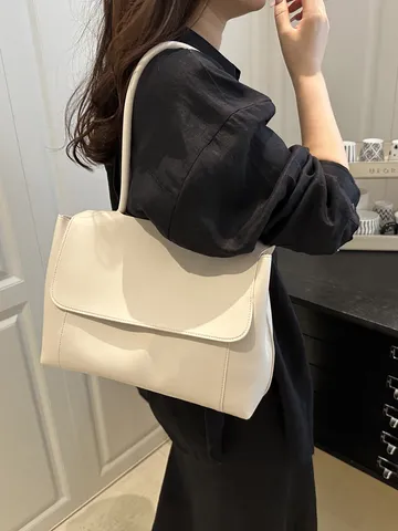 Minimalist PU Leather Tote Bag For Women Large Capacity Commuter Shoulder Bag With Flip Cover Solid Color Daily Handbag