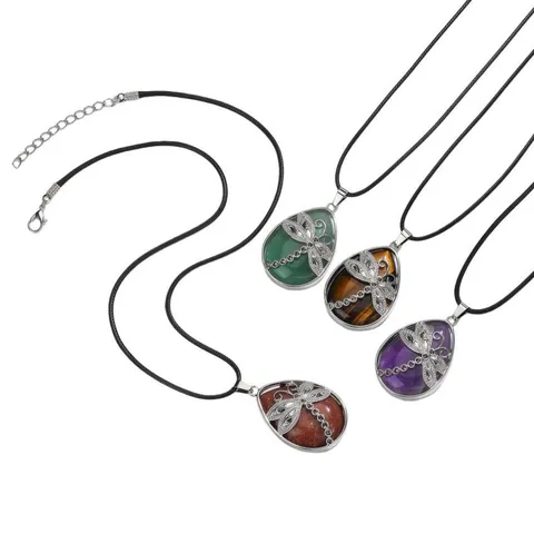 Collana con Ciondolo a Libellula in Cristallo Naturale Ametista Quarzo Rosa Pendolo Yoga Vintage in Lega con Strass Gioielli da Donna