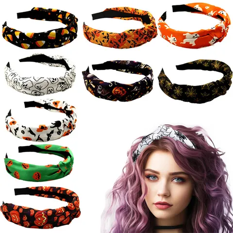 Halloween Knotted Headband Women Pumpkin Ghost Bat Pattern Top Knot Wide Hairband Festive Party Hair Accessories Cloth Headwrap Girls