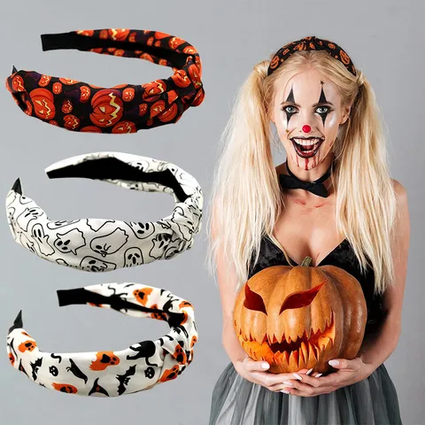 Halloween Knotted Headband Women Pumpkin Ghost Bat Pattern Top Knot Wide Hairband Festive Party Hair Accessories Cloth Headwrap Girls