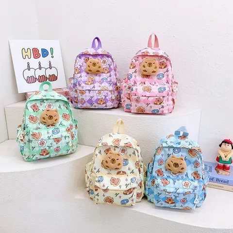 Cute Capybara Plush Charm Backpack For Kids Kindergarten Checkerboard School Bag Nylon Lightweight Breathable Casual Daypack