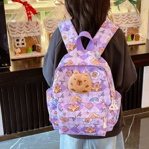 Cute Capybara Plush Charm Backpack For Kids Kindergarten Checkerboard School Bag Nylon Lightweight Breathable Casual Daypack